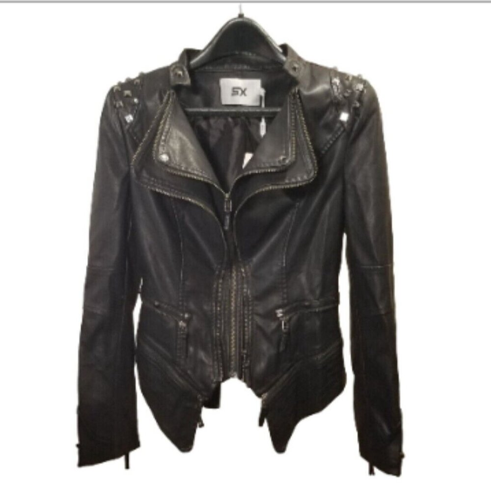 SX Womens Motorcycle Jacket Size XS Black Studded Faux Leather Full Zip Pockets